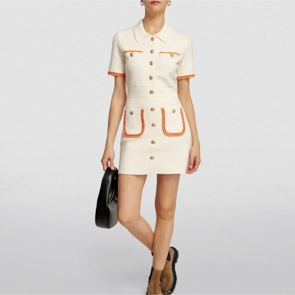 MAJE Risal White Orange Tweed Knit Button Front Cotton Mini Dress Size EU 38